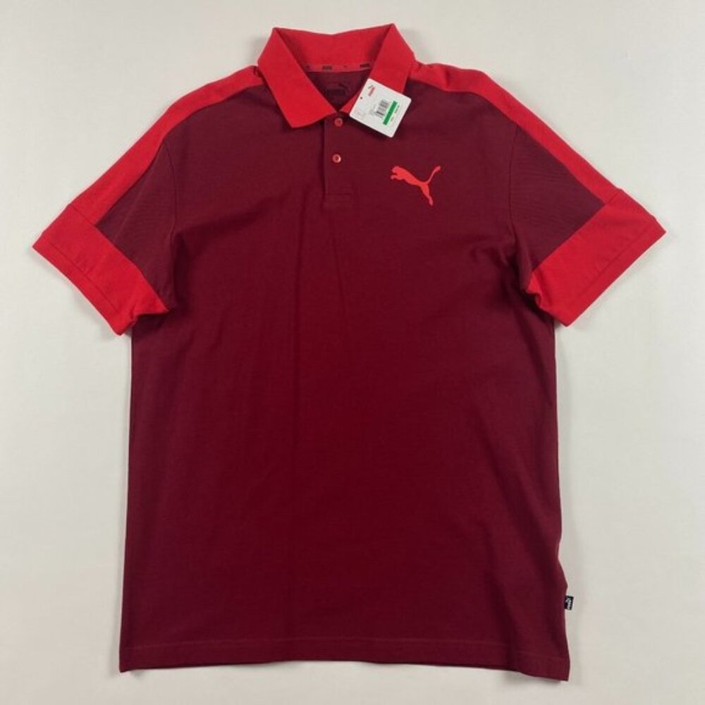 NWT Puma Rebel Block Short Sleeve Polo Shirt Mens Large Rhubarb Red Mesh Cotton